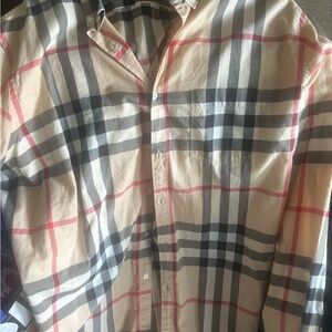Burberry Beige Plaid Button-Down Shirt with Black and Red Accents